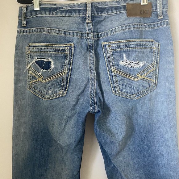 BKE Jeans Mens 33x34XL Jake Blue Denim Distressed Knee Patches Thick Stitch - Picture 8 of 11